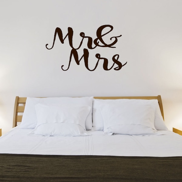 Sticker mural Mr et Mrs, lettrage romantique en vinyle, décor de chambre principale mari femme