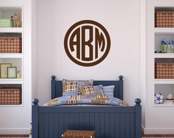 Circle Monogram Decal Personalized Vinyl Wall Decal Boys Nursery Girls Bedroom Circle Font Monogram Dorm Room Decal