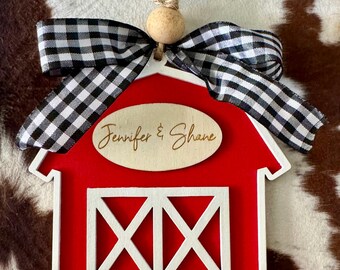 Personalized Red Barn Ornament: Rustic Farmhouse Christmas Decor