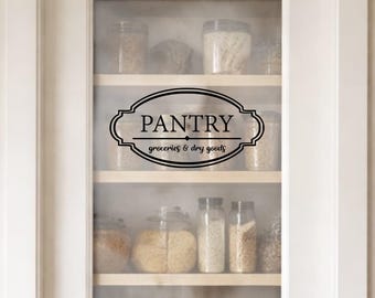Vintage Pantry Sign – Groceries & Dry Goods – Glass Door Decal – Farmhouse Kitchen Vinyl Lettering