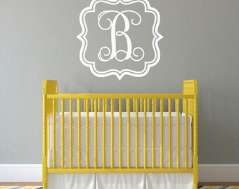 Monogram Wall Decal, Single Letter Initial Inside Ornate Border, Personalized Wall Decor