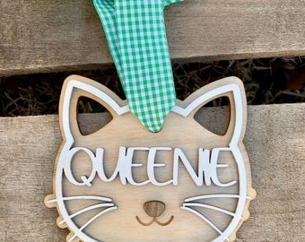 Handmade Cat Ornament: Customizable Wooden Stocking Tag for Christmas or Any Occasion