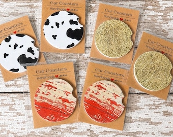 Rustic Car Coaster | Ceramic or Neoprene Car Cup Holder Coaster | Cow Print, Hay Bale & Chippy Barn Wood | Farmhouse Car Accessory