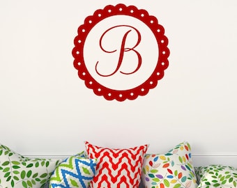 Scalloped Monogram Wall Decal, Single Letter Circle With Dots Bedroom Decor, Personalized Initial For Southern Girls