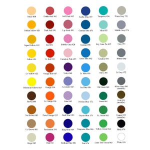 Puede incluir: Una carta de colores con 36 colores de pintura diferentes, cada uno con un nombre y un n&uacute;mero. Los colores est&aacute;n dispuestos en filas y columnas, e incluyen una variedad de tonos de rojo, azul, verde, amarillo, naranja, marr&oacute;n, rosa y gris.