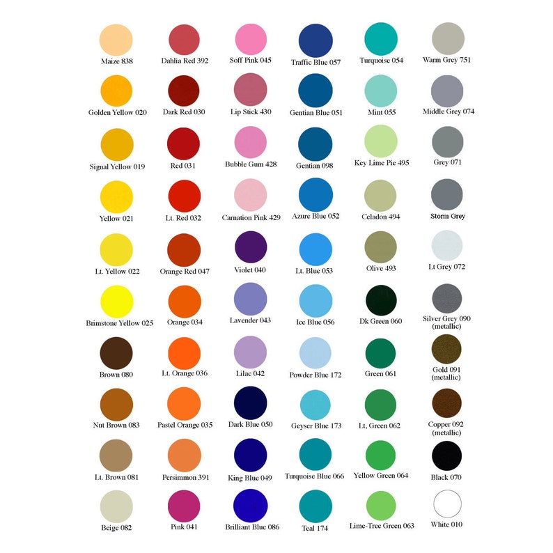 Puede incluir: Una carta de colores con 36 colores de pintura diferentes, cada uno con un nombre y un n&uacute;mero. Los colores est&aacute;n dispuestos en filas y columnas, e incluyen una variedad de tonos de rojo, azul, verde, amarillo, naranja, marr&oacute;n, rosa y gris.