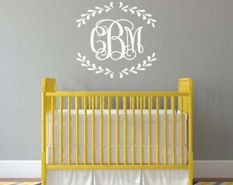 Three Initial Wall Monogram, Laurel Border Wreath Vinyl Lettering, Personalized Girl Bedroom