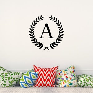 Monogram Wheat Wreath Decal, Personalized Initial Wall Decor, Laurel Border Vinyl Lettering