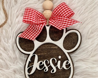 Personalized Dog Paw Ornament: Handmade Wood Pet Name Tag
