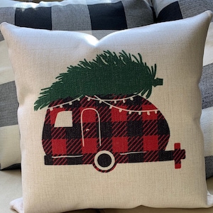 Christmas Camper Pillow Cover: Buffalo Check Farmhouse Decor (16x16)