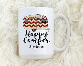 Happy Camper Coffee Mug, Personalized Vintage RV Cup, Chic Glamping Gift