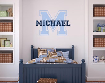 Varsity Letter Monogram Decal, Personalized Collegiate Wall Decor Dorm Room, Sporty Theme Boy Bedroom