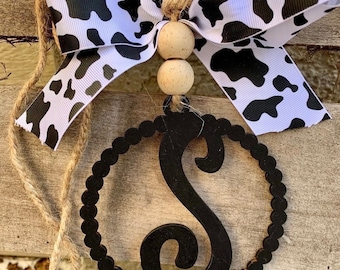 Monogram Car Charm: Wooden Cow Print Initial, Country Chic Vehicle Accessory