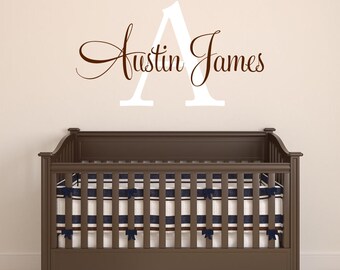 Personalized Name & Initial Wall Decal – Custom Nursery Name Sign – Elegant Script Vinyl Lettering for Baby Boy or Girl Bedroom