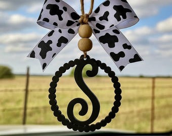 Monogram Car Charm: Wooden Cow Print Initial, Country Chic Vehicle Accessory