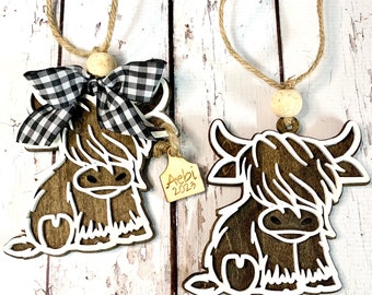 Highland Cow Ornament, Personalized Christmas Tree Decoration, Rustic Hanging Ear Tag, Country Farmhouse Theme