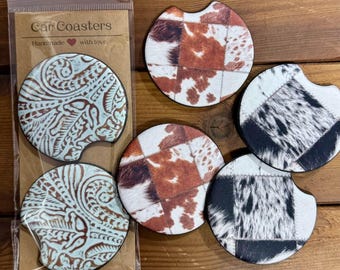 Western Style Car Coasters – Neoprene | Western Cowhide | 3 Styles | Absorbent Cup Holder Set
