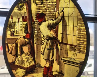 Hand-Painted Glass Panel – Dutch Glassmaker Scene, Vintage Stained Glass with Metal Frame