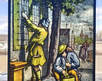 Hand-Painted Glass Panel – Dutch Artisan Scene, Vintage Stained Glass with Metal Frame