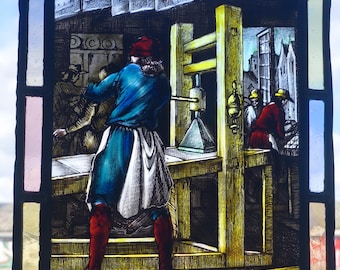 Stained Glass Printing Scene – Hand-Painted Panel with Lead Frame, Vintage Decorative Art (Mid-20thC)