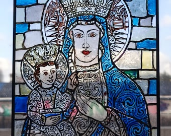 Vintage Madonna-raampaneel, blauwe glazen wanddecoratie