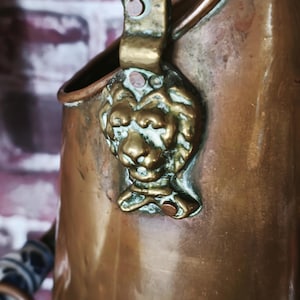 May include: Close-up of a copper-colored metal bucket with a decorative lion's head on the handle. The bucket has a curved shape and a tarnished finish, suggesting age. The handle is made of a brass-colored metal.