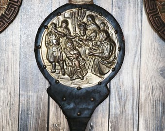 Antique Fire Bellow – Brass Biblical Relief for Rustic Wall Display