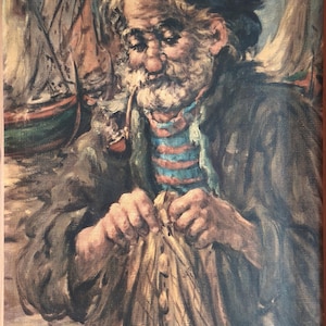 Old Seaman” by F. Ramon – Vintage Maritime Portrait Print on Canvas | Rustic Wooden Frame Nautical Wall Art