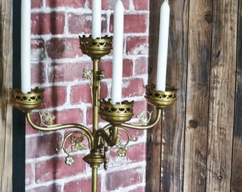 Antique Brass Candelabra – 4 Arm Floral Candle Holder | Vintage Ecclesiastical Rustic Luxe Centerpiece Lighting