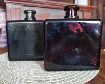 Spaanse kunst glazen flessen – Handgemaakte set robijn en rook (studioglas jaren 80)