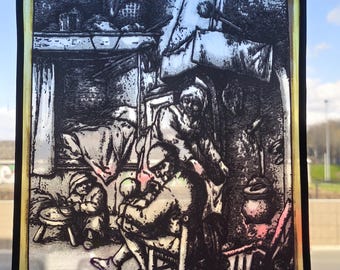 Vintage glazen raampaneel, wanddecoratie Nederlandse genrescène