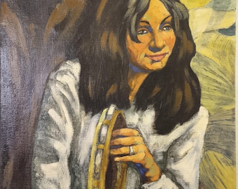 Vintage Oil Painting – Woman with Tambourine, Signed 1974 on Linen