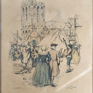 May include: An antique print depicting a bustling outdoor market scene with figures in period clothing. A tall church and tents are in the background. The word "KERMIS" is visible. The print is framed.