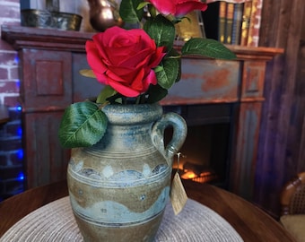 Rustic Unglazed Ceramic Vase – Large Blue Geometric Pottery, Vintage Dry Flower Decor