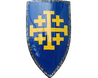 28” Templar Crusader Shield | Yellow Jerusalem Cross Blue Medieval Knight Armor