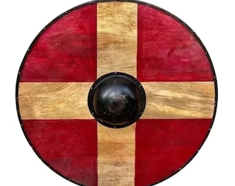 Handmade Viking Shield 30” | Red & Gold Medieval Wooden Steel Shield