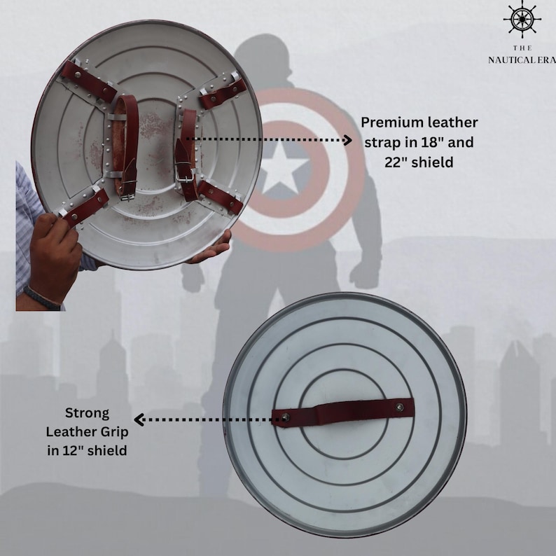May include: A silver shield with a red and white star design, featuring a premium leather strap. The shield has a strong leather grip and is available in 18-inch and 22-inch sizes. The image also shows a 12-inch shield.