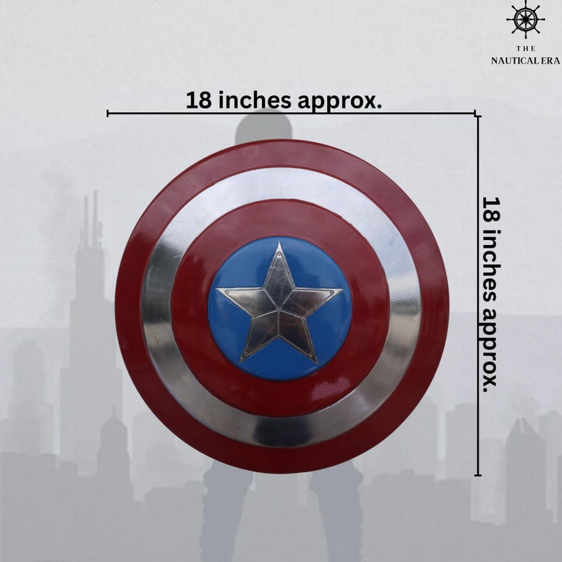 May include: A round shield, approximately 18 inches in diameter, with a red outer ring, a silver middle ring, and a blue center featuring a silver five-pointed star. The shield is a replica of a superhero's shield.
