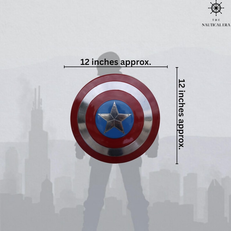May include: A Captain America shield, approximately 12 inches (30 cm) in diameter. The shield features a red and silver concentric circle design with a blue star in the center. The Nautical Era logo is in the upper right corner.