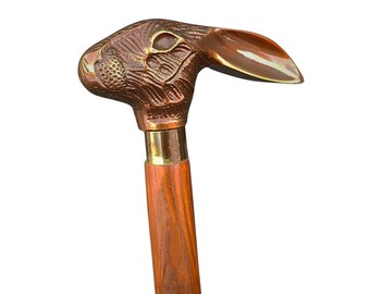 Antique Brass Rabbit Head Walking Stick | Wooden Cane – 3 Shaft Options