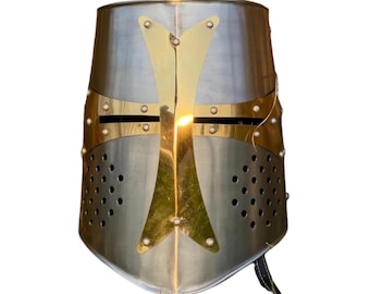 Templar Knight Helmet, Brass Cross, Medieval Armor, Cosplay LARP Halloween gift