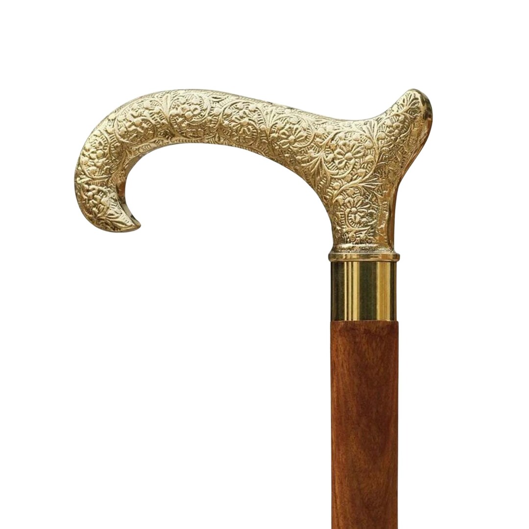 Genuine Oak Wood Derby 3 piece Walking Cane and Brass Embossed