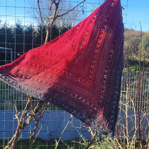 Könnte beinhalten: Ein handgefertigter, dreieckiger Schal in einem Farbverlauf von Rot zu Dunkelgrau. Der Schal ist mit aufwendigen Lochmustern gehäkelt und wird im Freien an einem Drahtzaun und Ästen präsentiert.