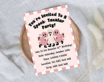 May include: A pink Halloween party invitation with the text "You're Invited To A Spook-Tacular Party!" and a graphic of three ghosts. The invitation includes details for a birthday party.