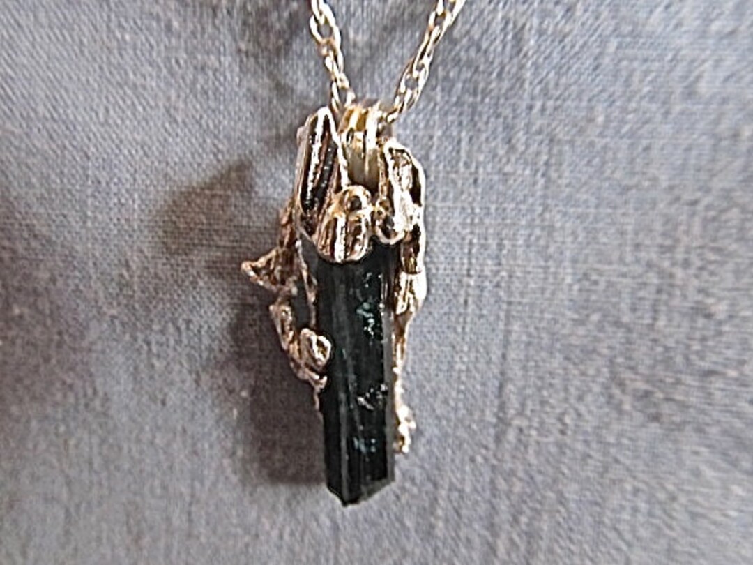 Fine Silver Broom Casting With Uncut Dark Green Tourmaline Crystal Etsy