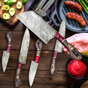 Custom Damascus Steel Chef Knife Damascus Knives set Chef set handmade Best chef set | Leather Sheath| Gift for Him ,Christmas Gift, Leather