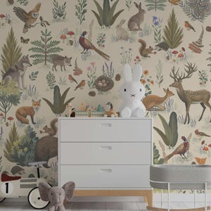 Whimsical Woodland Theme Wallpaper, Warm Neutral Forest Animal Wall Mural, Cream Removable Nursery or Kids Room Wall Decor