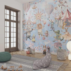 Blue Kids Wallpaper for Boys Room, Whimsical Balloon Circus Themed Carousel Wallpaper, Peel and Stick Fairytale Nursery Wall Paper Mural