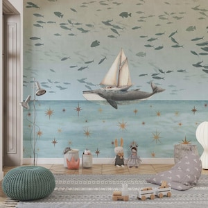 Under the Sea Whale Wallpaper Mural Peel and Stick Ocean Theme Wall Décor for Nursery Kids Room Playroom or Teen Bedroom