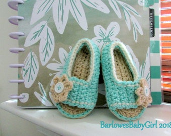 NEW - Buggs - Crochet Girl's Side Button Closure w/ Flower Accent Sandal in Aqua - Customize Your Color